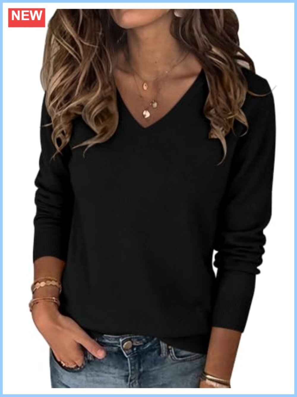 Women's Wool Blend V-Neck Pullover Sweater Long Sleeve Fall Knit Top Medium